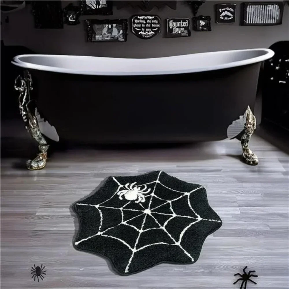 Halloween Bathroom Rugs Spider Webs Round Mats Non Slip Black Washable 28
